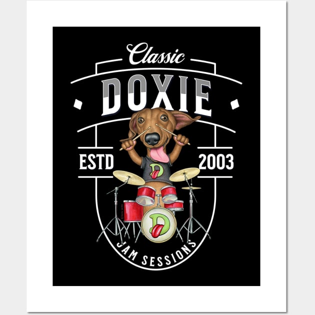 Fun doxie Dog playing drums for a rock and roll band on Doxie Jam Sessions tee Wall Art by Danny Gordon Art